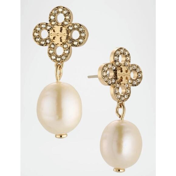 NEW Tory Burch Kira Clover Pearl Drop Earrings Gold Crystal Pave Dangling Gift - Picture 1 of 6